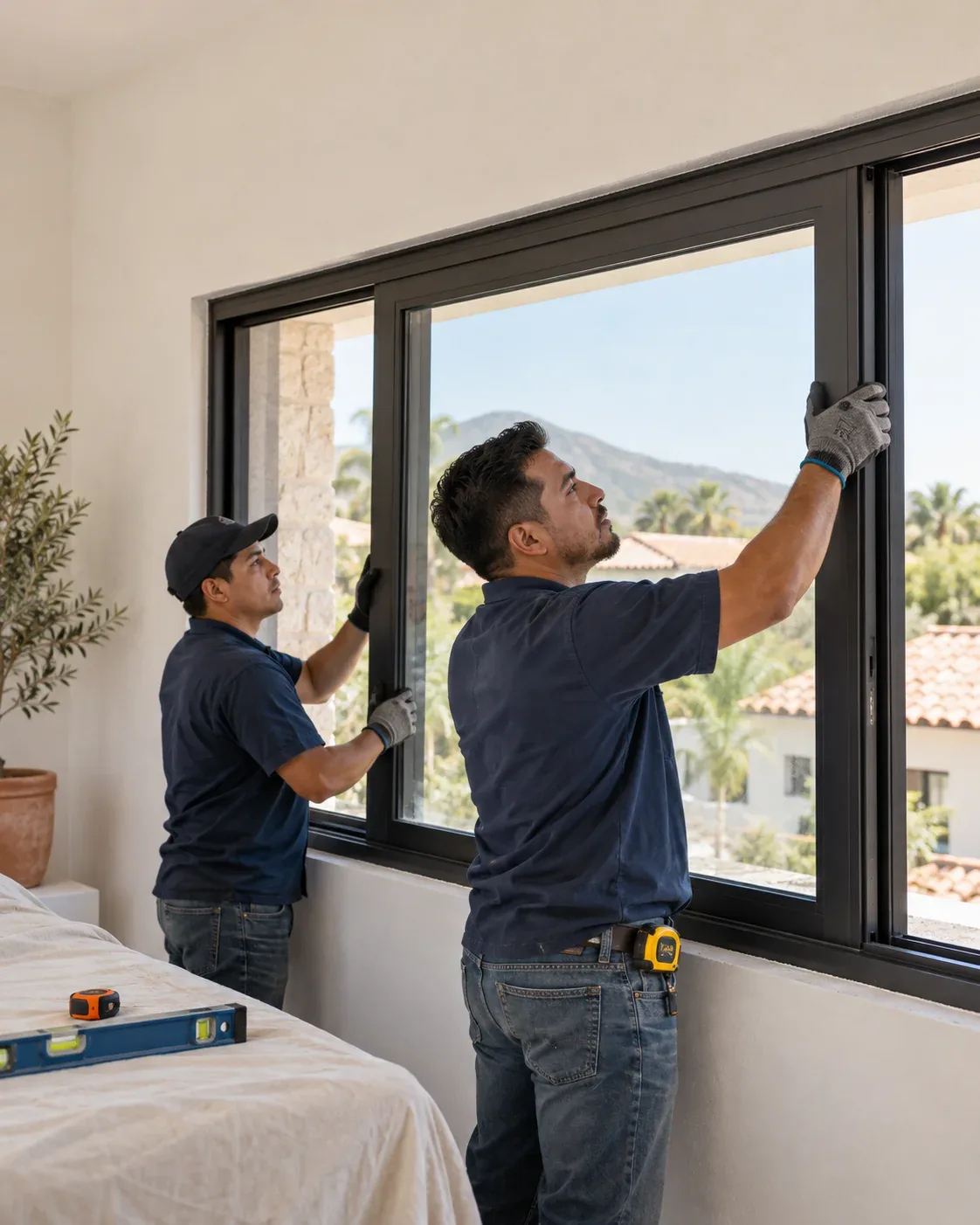 Instalación de un marco de ventana, escena creada con IA. Imagen de referencia para una marca ficticia.