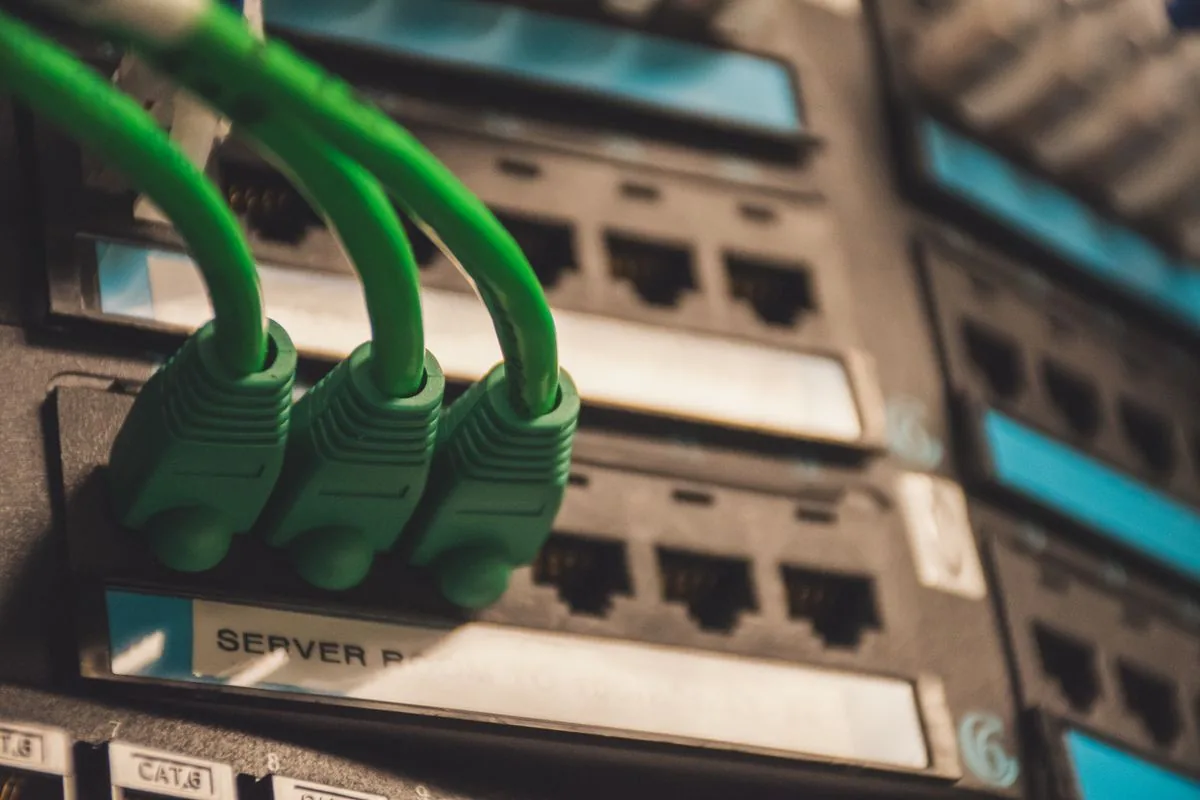 Cables de red conectados a puertos de un equipo. Imagen de referencia para una marca ficticia.