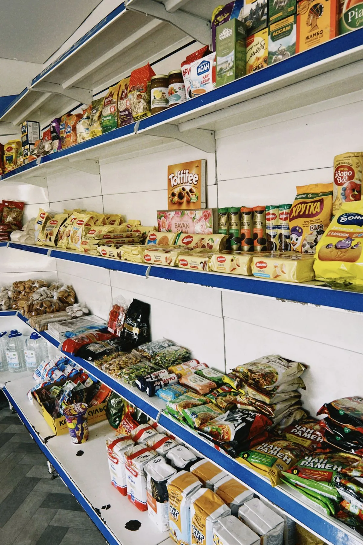 Productos de abarrotes organizados en estantes. Imagen de referencia para una marca ficticia.